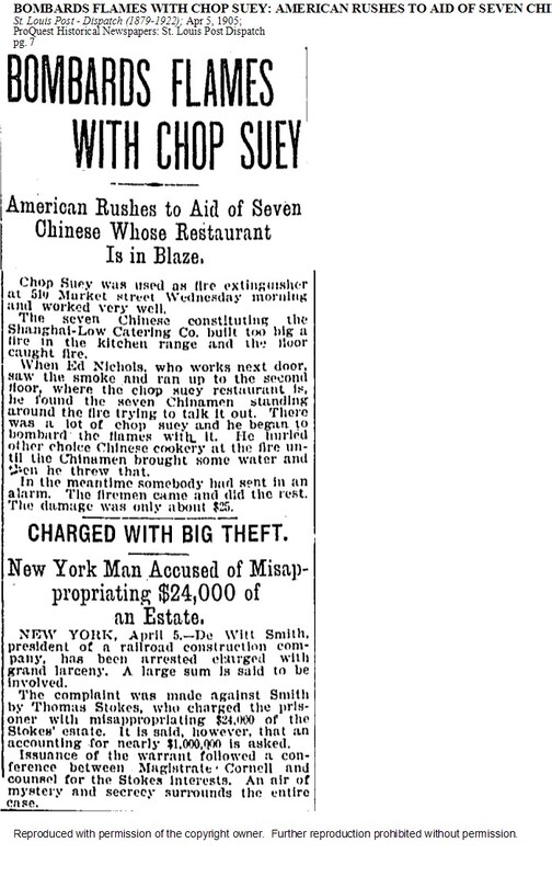 Newspaper Article: "Bombards Flames with Chop Suey"
