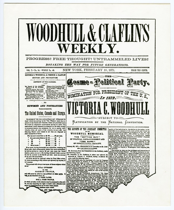 Announcement of Victoria C. Woodhull's Nomination for the President of the United States, 1872
