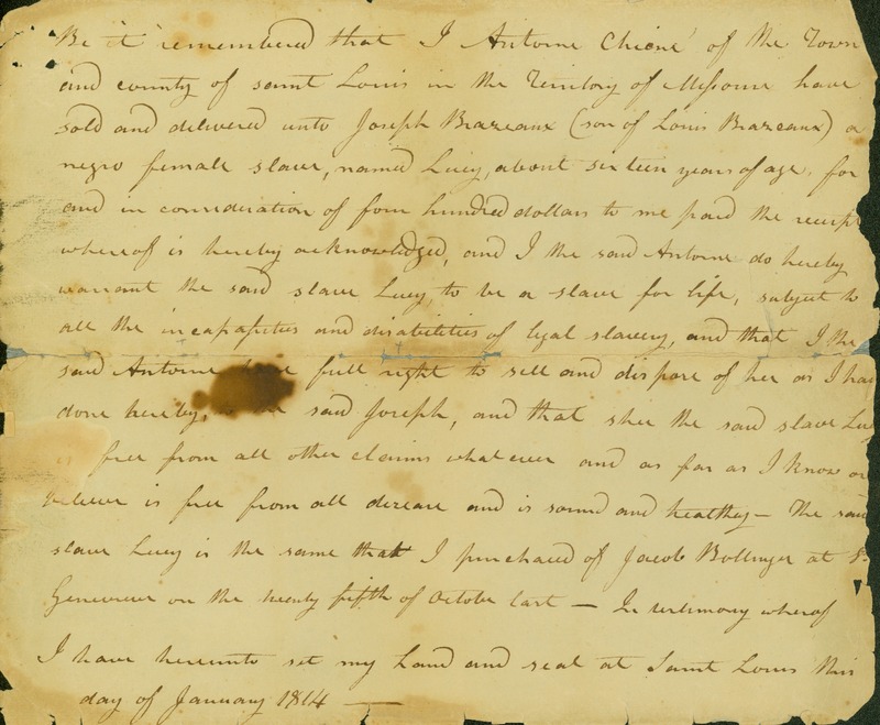 Receipt for the Sale of a 16-Year-Old Negro Slave Named Lucy, from Antoine Chenie of St. Louis County, January 1814