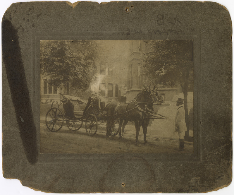 African American Man, Probably Green Hunter, Posing with a Team of Horses Hitched to a Carriage