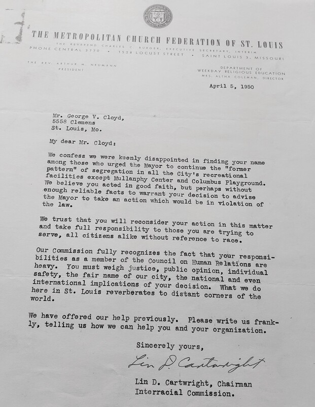 Letter From the Chairman of the Interracial Commission to George Cloyd.