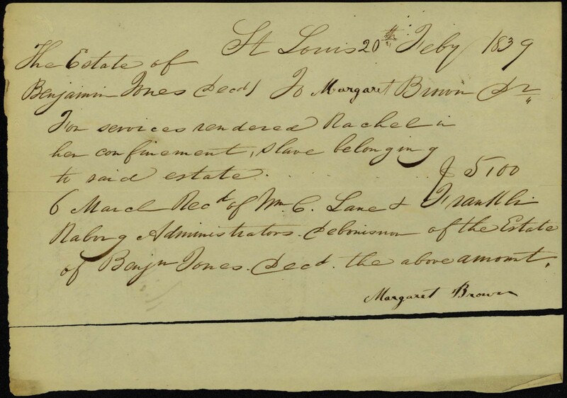 RECEIPT SIGNED MARGARET BROWN, ST. LOUIS, FEBRUARY 20, 1839
