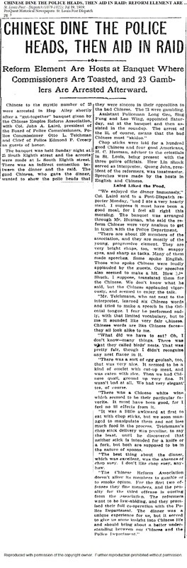 Newspaper Article: "Chinese Dine the Police Heads, Then Aid in Raid"