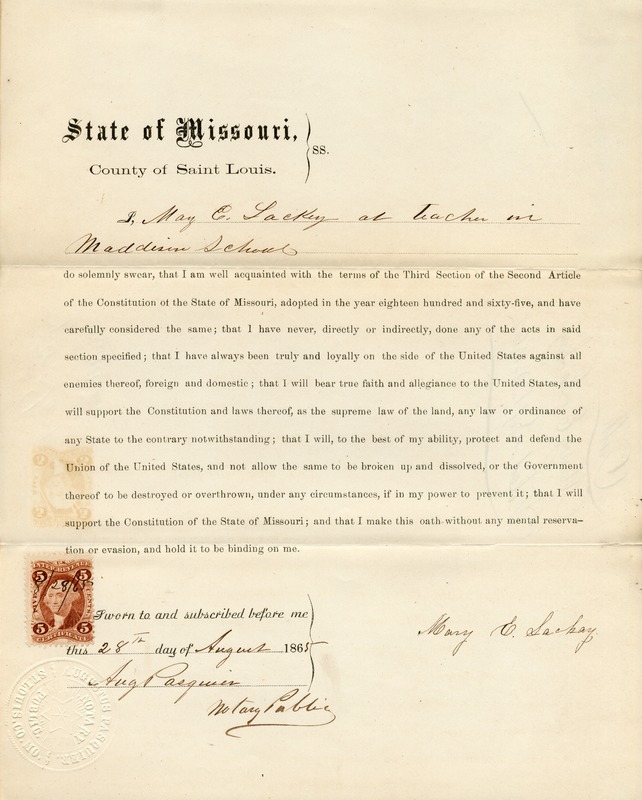 Loyalty Oath of Mary E. Lackey of Missouri, County of St. Louis