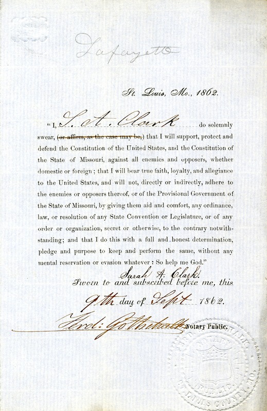 Loyalty Oath of Sarah A. Clark of Missouri, County of St. Louis