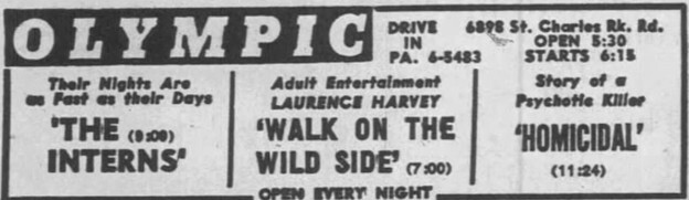 Olympic Drive-In Advertisement – March 30th, 1963