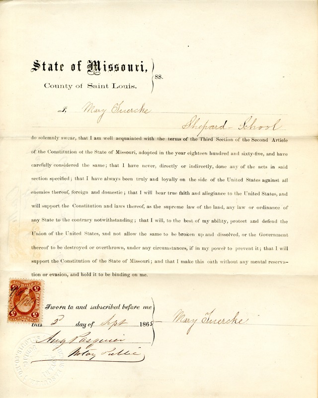 Loyalty Oath of Mary Tuercke of Missouri, County of St. Louis