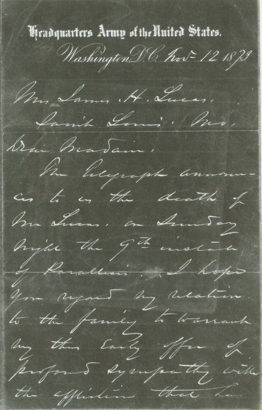 Photostat of Letter Signed W.T. Sherman, Washington, to Mrs. James H. Lucas, St. Louis, November 12, 1879