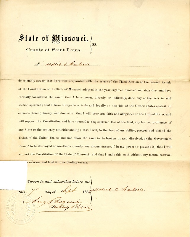 Loyalty Oath of Mollie E. Harlock of Missouri, County of St. Louis