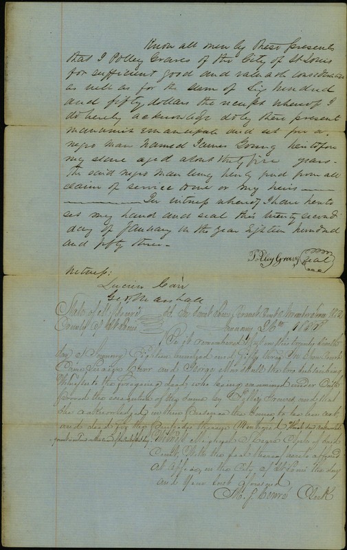 Deed of Emancipation Signed Polley Graves of St. Louis, January 22, 1853