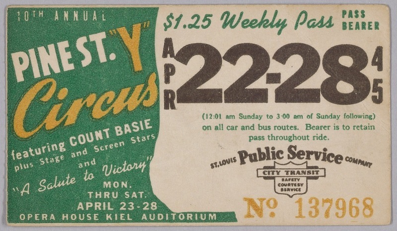 Transit pass for St. Louis Public Service Company featuring Street Y Circus