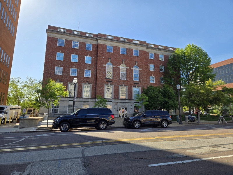 Wide view of the County Police building.