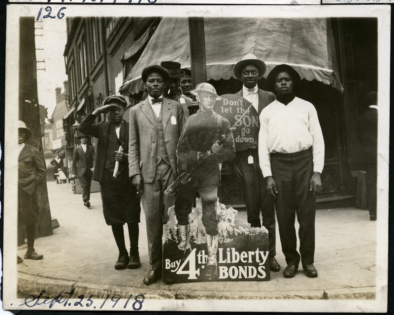 African American Men and Boys with Fourth Liberty Loan Sign at the Corner of Jefferson and Market Streets