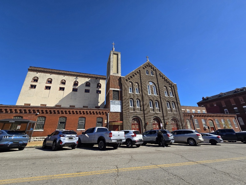 Wide view of the front of the St. Joseph church building.