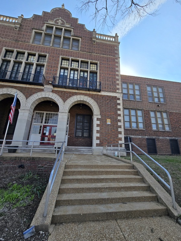 Oak Hill School Building with Fallout Shelter Sign