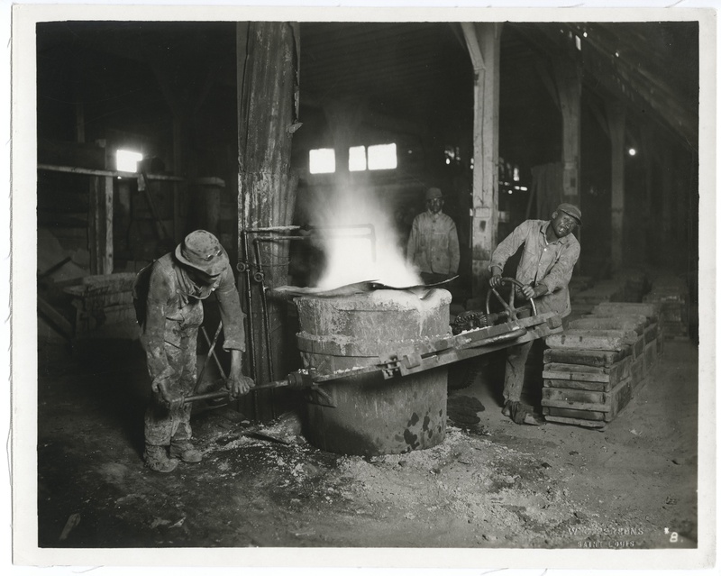 African American Workers Moving a Crucible of Molten Metal at the Scullin Steel Foundry