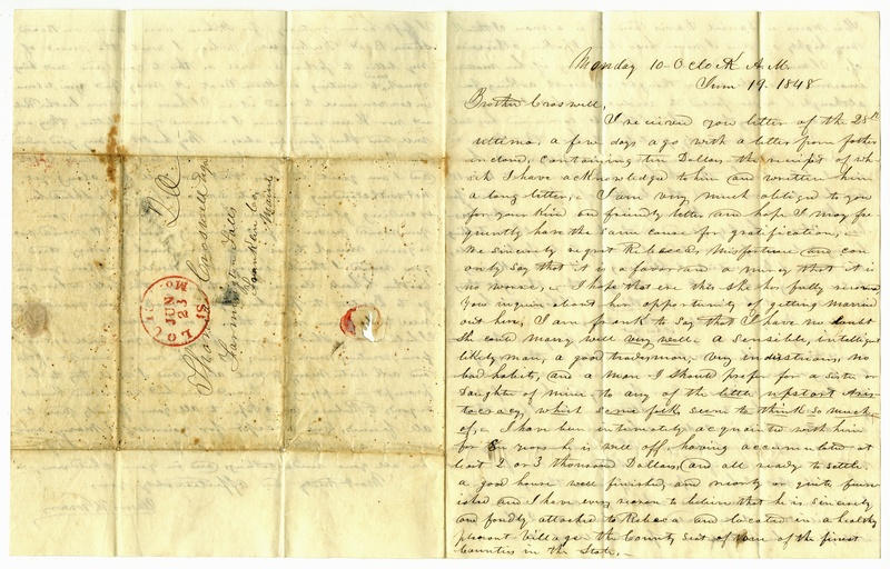 Letter Signed James Gowen, St. Louis, MO. to Thomas Croswell, Farmington Falls, Franklin County, MO. June 19, 1848