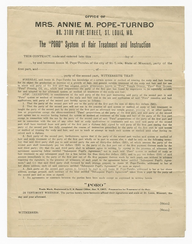 Contract for the Poro System of Hair Treatment and signed pupil agreement