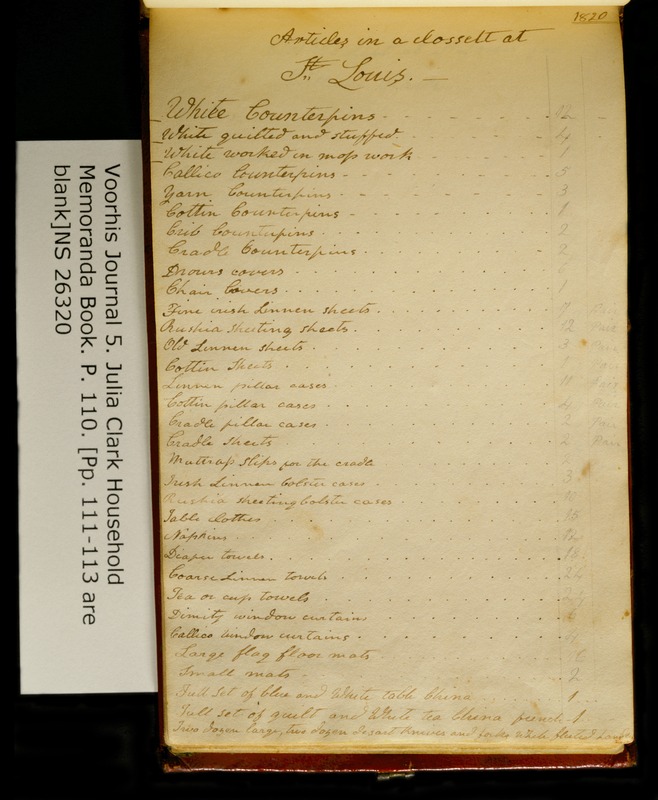 Clark Family Collection: Volume 5. Voorhis Journal No. 5, Household Memorandum Book of Julia Clark, Page 110, CA. 1820