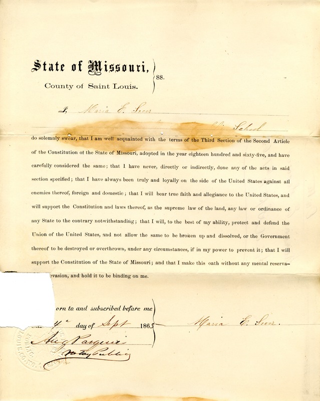 Loyalty Oath of Maria E. Secor of Missouri, County of St. Louis