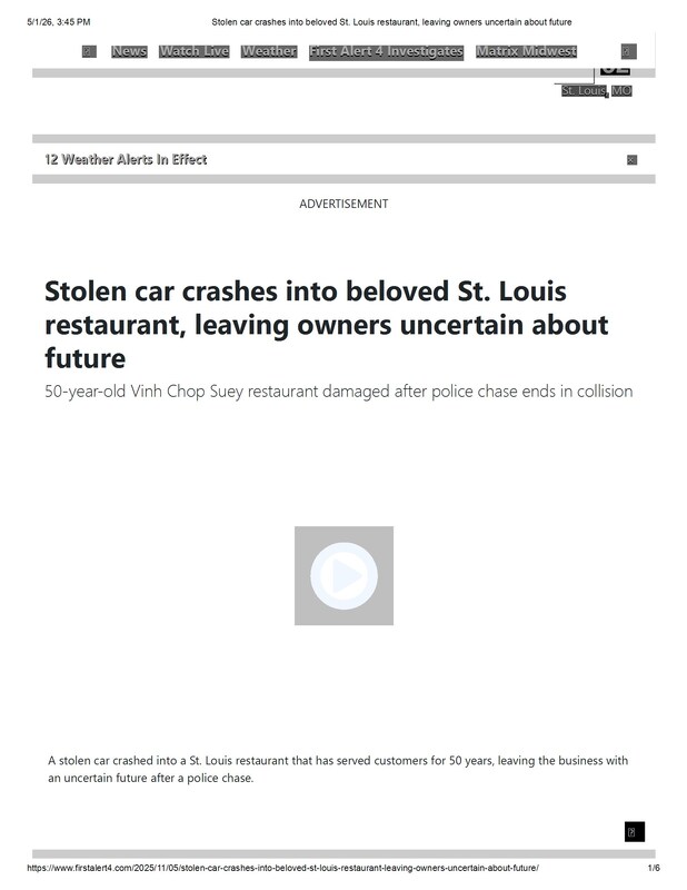 Newspaper Article: "Stolen car crashes into beloved St. Louis restaurant, leaving owners uncertain about future"
