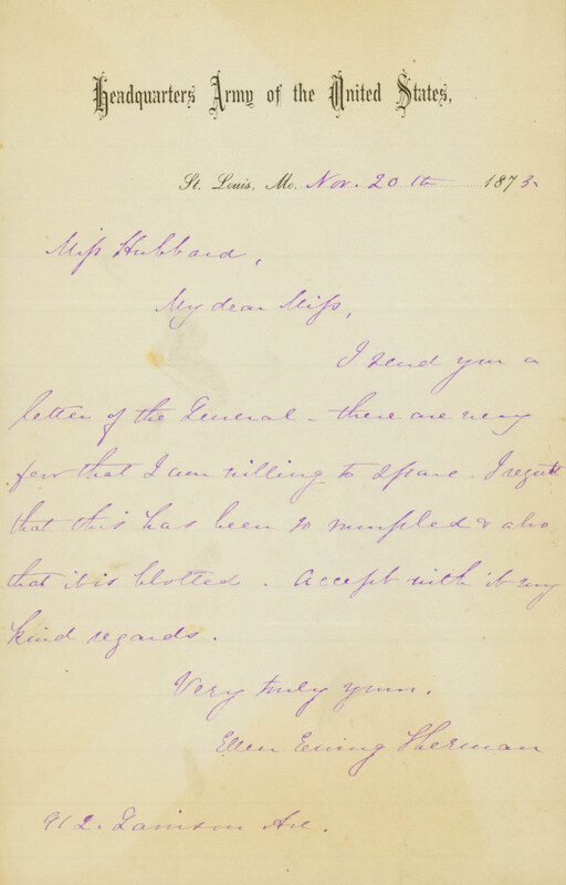 Letter Signed Ellen Ewing Sherman, 912 Garrison Ave., St. Louis, to Miss Hubbard, November 20, 1873