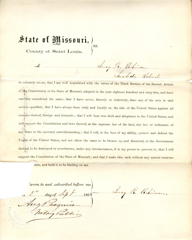 Loyalty Oath of Lucy B. Robinson of Missouri, County of St. Louis