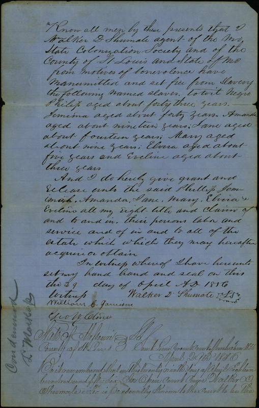 Deed of Manumission Signed Walker D. Shumate, Agent of the Missouri State Colonization Society and of St. Louis County, Missouri April 29, 1856