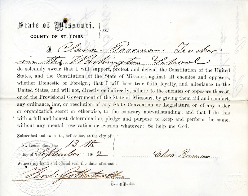 Loyalty Oath of Clara Poorman of Missouri, County of St. Louis