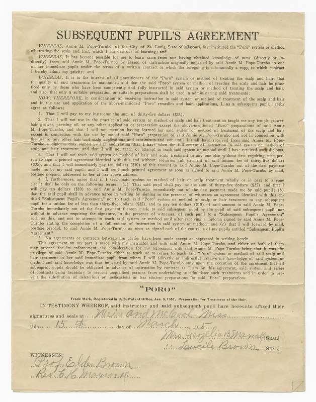 Contract for the Poro System of Hair Treatment and signed pupil agreement-back