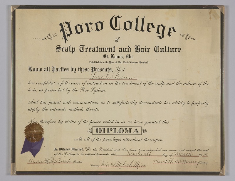 Diploma issued to Lucille Brown from Poro College