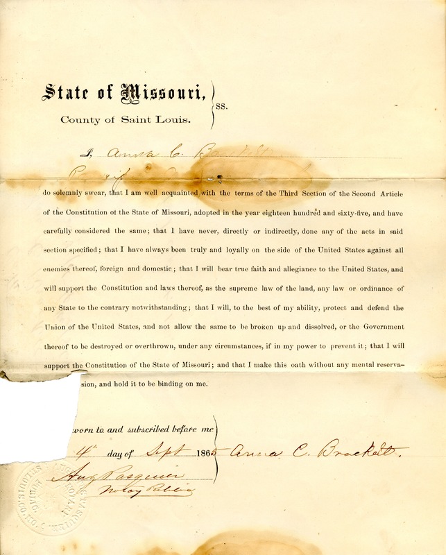 Loyalty Oath of Anna C. Brackett of Missouri, County of St. Louis