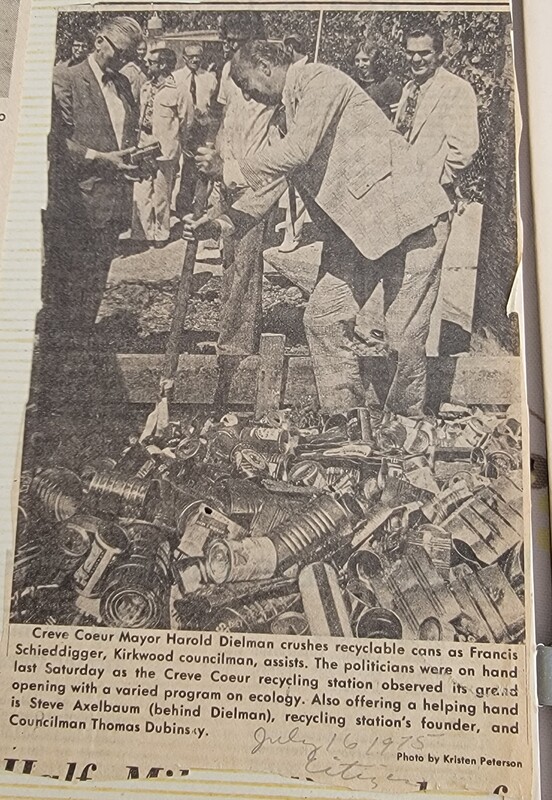 Newspaper Clipping: Creve Coeur Mayor Crushes Cans