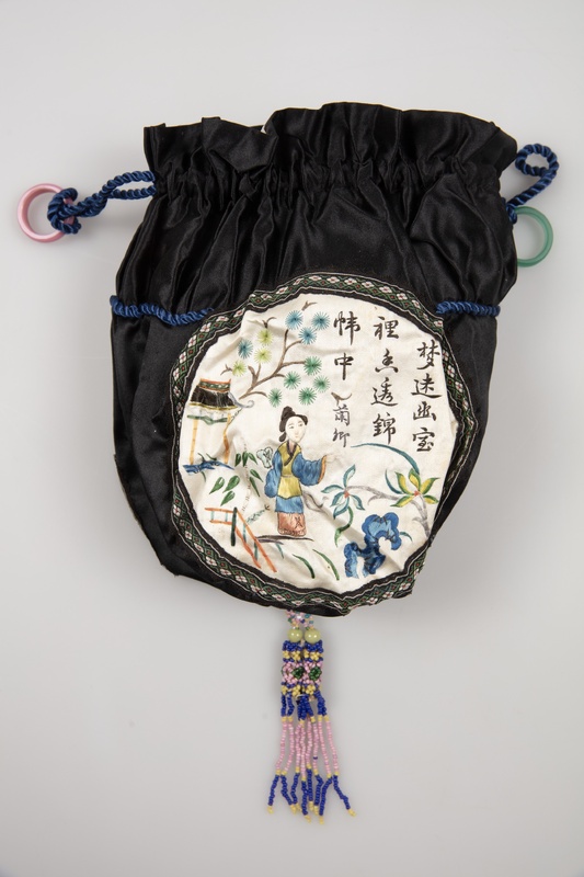 Black Satin Reticule Bag with Chinese Embroidery