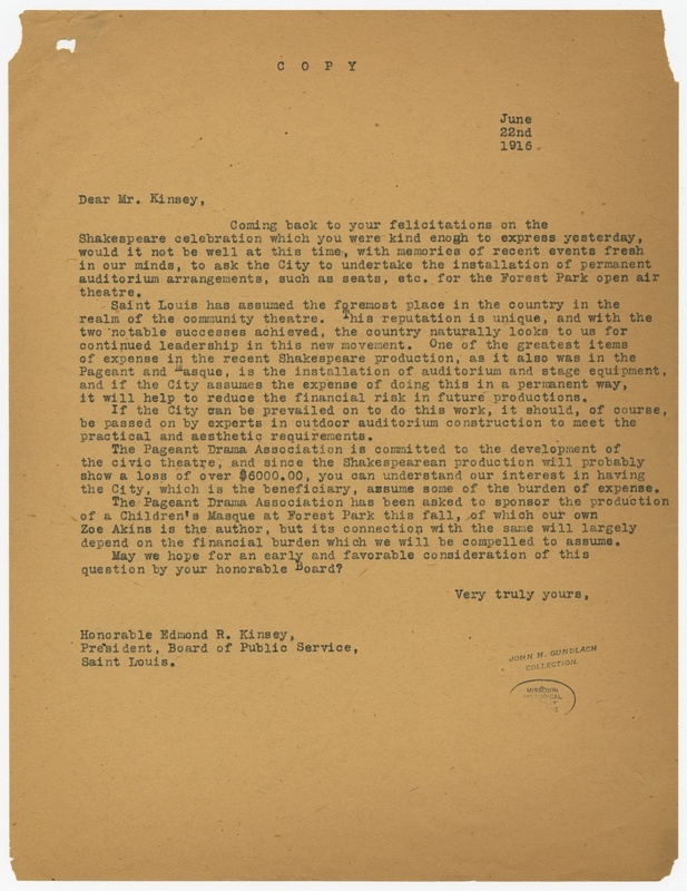 Letter Suggesting a Permanent Open-Air Theater