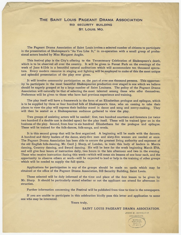 St. Louis Pageant Drama Association Circular Letter