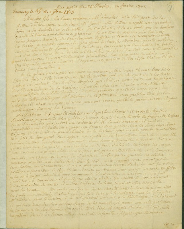 Letter to Antonie Saugrain from His Mother, February 14, 1802