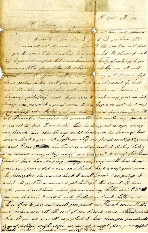 Letter Signed Sarah J. and Lizzy Wharton, St. Louis, to Their Brother [John Wharton?], April 24, 1864