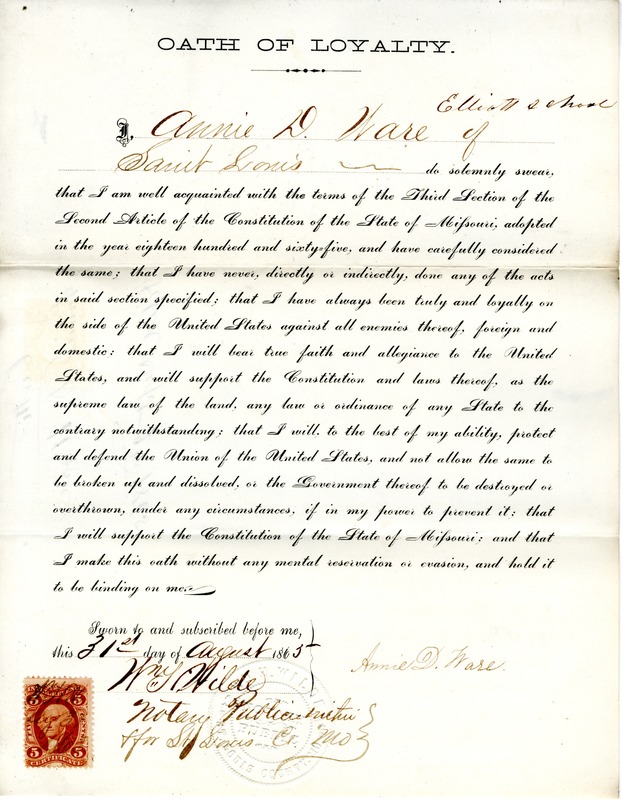 Loyalty Oath of Annie D. Ware of Missouri, County of St. Louis