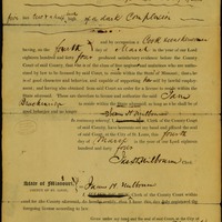 LICENSE OF THE ST. LOUIS COUNTY COURT GRANTED TO JANE BRACKENRIDGE, A FREE NEGRO, SIGNED JAS. ST. WILBURNE, CLERK, MARCH 4, 1844