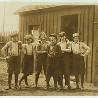 : Noon hour at Obear-Nestor Glass Co., East. St. Louis, Ill. Names of the smallest boys are: Walter Kohler, 981 N. 18th St.; Walter Riley, 918 N. 17th. St.; Will Convery, 1828 Natalie Ave.; Clifford Matheny, 1927 Summit Ave. All these boys are working at above glass works. (See summary attached.) Location: St. Louis, Missouri.